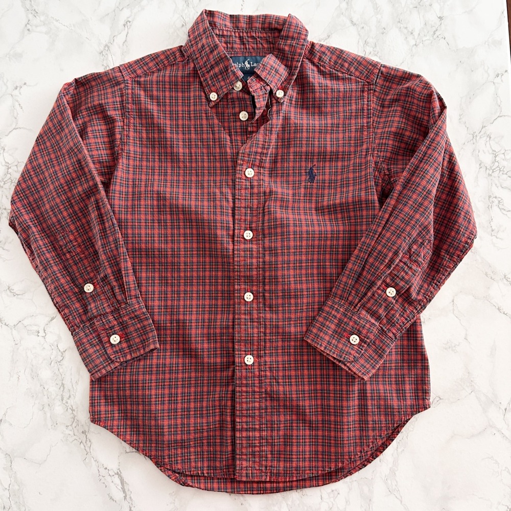 Ralph Lauren Cotton Long Sleeve Plaid Red Button Down Shirt Kids Size 4